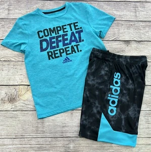 EUC Adidas Boys Athletic Shorts & Shirt 2 Pc OUTFIT Gray Black & AQUA Small SM - Picture 1 of 9