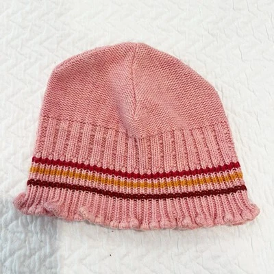 Sombrero de bebé vintage antiguo azul marino 3-6 meses rosa a rayas lana acrílico tejido gorra infantil Foto 1 de 4