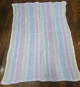 Vintage Pastel Waffle Weave Cotton Baby Blanket Blue Yellow Pink - Picture 1 of 6
