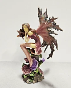 Harz Fee Figur Statue mit lila Rosen 10" Glitzer Flügel - Bild 1 von 21