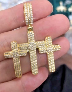Triple Cross Lab Grown Diamonds Pendant 2.5 Inch 925  Silver Yellow Gold Plated - Picture 1 of 6