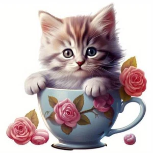 XL Bügelbild süße Katze in Tasse G18 Applikation für Textilien Aufbügler - Bild 1 von 6