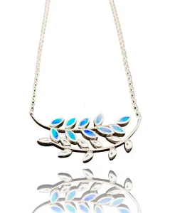 925 STERLINGSILBER BLAUER OPAL TRENDIGE BLATT HALSKETTE 17" mit 1" Verstellbarkeit - Bild 1 von 6