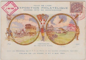 FRANCE SUP CARTE EXPOSITION PHILATELIQUE DE LYON CACHETS ROUGES DU 3 MAI 1931 - Picture 1 of 2