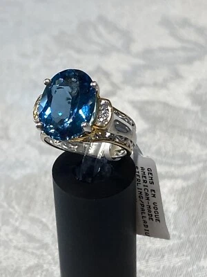 GEMS EN VOGUE 9.58 CTW CUSTOM CUT LONDON BLUE TOPAZ & WHITE ZIRCON RING  NWT - Image 1 of 4