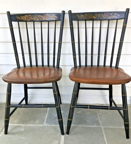 L.Hitchcock-2 SIGNED STENCILED BLACK SPINDLE BACK CHAIRS-Fine-Will Ship Cover