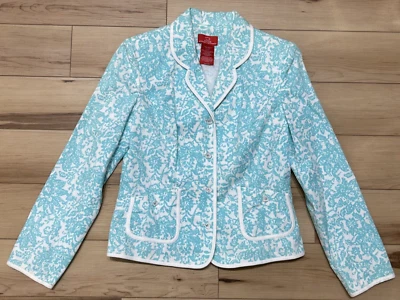 Chaqueta Blazer Oscar De La Renta Talla 6 Floral Azul Teal Blanco Pulida Crucero Foto 1 de 4