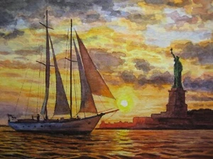 Watercolor Painting New York Statue of Liberty Sunset Sailboat ACEO Art - Picture 1 of 2