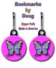 Two 1.5 Inch Zipper Pull/Bag Tags Multicolored Butterfly on Pink Background