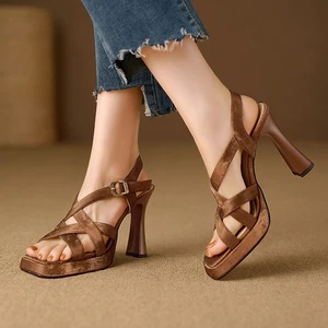 Damenschuhe Leder quadratische Zehen dünne Absätze hohe Absätze Riemen Schnalle Sandalen - Bild 1 von 22