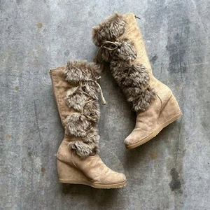 Vintage 90s Y2k Splash Fur Laceup Wedge Boots Festival Rave - Picture 1 of 6