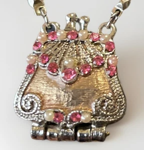 Howard’s Silver Tone Chain Mixed Metal Pink Rhinestone Purse Necklace Opens - Picture 1 of 9