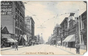 Antigua postal de Wisconsin de la década de 1900 de la escena de la calle 3 de Milwaukee, Wisconsin - Imagen 1 de 2