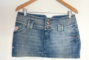 TrF Denim Jean Mini Skirt Women's 8 Embroidered Wild Card & Sun with 3 Buttons - Picture 1 of 9
