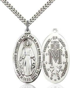 Sterling Silver Miraculous Mary Catholic Oval Medal Pendant Necklace Made in USA - Picture 1 of 3