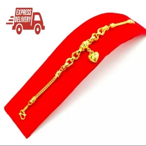 Gold Plated Yellow Bracelets Thai Baht Jewelry Chain Heart Shape Women 7.5"  S4 - Picture 1 of 5