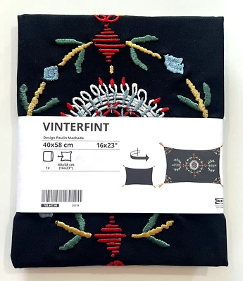 Ikea VINTERFINT Pillow Cushion Cover 16x 23" Embroidered, Black Floral, NEW - Image 1 of 4