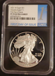 2021 W T-1 NGC PF70 UC FIRST DAY OF ISSUE SILVER EAGLE BIG BLUE "1st" BLACK CORE