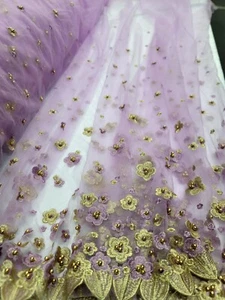 Lavender Lace Fabric By The Yard 3d Gold Flower Embroidery Pearls Mesh Fabric  - Picture 1 of 9