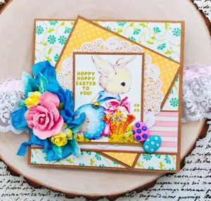 Biglietto coniglietto pasquale e fiori vintage fatto a mano HOPPY EASTER TO YOU shabby chic - Foto 1 di 2