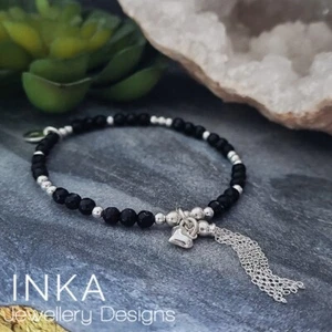 925 Sterling Silver & Onyx Tassel Bracelet 925 Beaded Gemstone Stacker By INKA - Picture 1 of 7