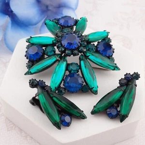 Royal Blue Green Navette Rhinestone Maltese Cross Japanned Brooch Earring Set - Picture 1 of 5