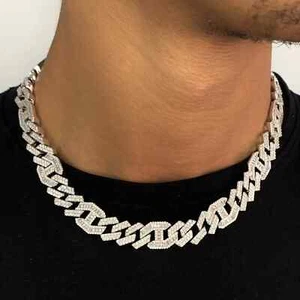 Iced Cuban Out VVS Diamond Baguette Chain 14mm Necklace 18K White Gold Plated - Picture 1 of 5