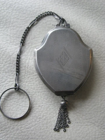 Antique Art Deco STERLING Silver Finger Ring Tassel Compact F&B Co  Monogram BE Cover