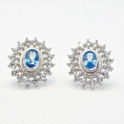 Klassische Aquamarin Weißtopas Ohrstecker 925 Sterlingsilber 15,5 x 13,5 mm - Bild 1 von 4