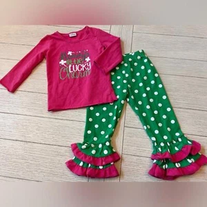 Pink, green, white polka dot 2 piece set. Size M toddlers. Cotton, spandex. - Picture 1 of 9