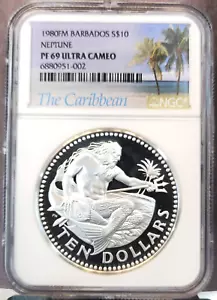 1980 BARBADOS SILVER 10 DOLLARS NEPTUNE NGC PF 69 ULTRA CAMEO RARE TOP POP - Picture 1 of 3