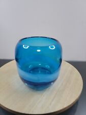 Blue Glass Vase Round Candle Holder Brushed Stripe Nautical Decor Art Glass