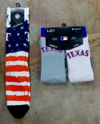 Texas Rangers 3 Pack MLB Crew Socks Large Men USA Flag Uniform Home Away Jersey Cover