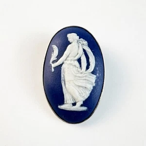 Broche de plata ovalado musa neoclásico jaspe azul blanco vintage Adams Ware - Imagen 1 de 2