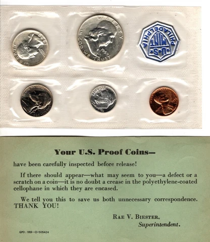 1959 Silver Proof Set with 5 Coins from Original US Mint with COA Cover