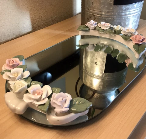 Pastel Porcelain Rose Luxury Vanity Tray Accents by Drummers West White Mirror Cover