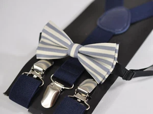 BABY BOY KIDS ELEMENTS STRIPE GREY Bowtie Bow Tie + Navy Blue Elastic Suspenders - Picture 1 of 8