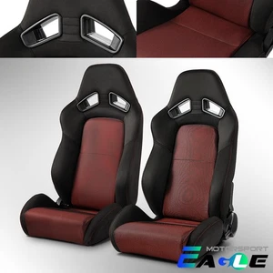 Black+Red Mesh Fabric Reclinable Universal Racing Seats Pair Left/Right W/Slider - Picture 1 of 7