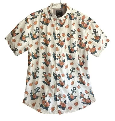 Camisa Alpha Beta Algodón Ancla Floral Cuello Manga Corta Abotonada Para Hombre L Foto 1 de 4