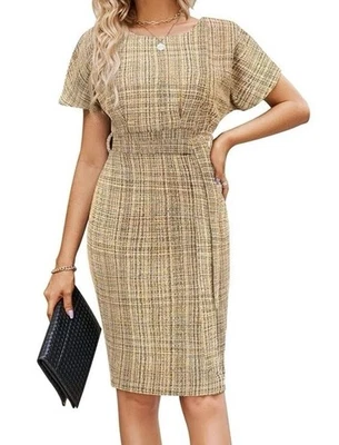 Jasambac Tweed Pencil Dress Womens Medium Yellow Elegant Textured Belted Career - Image 1 of 4