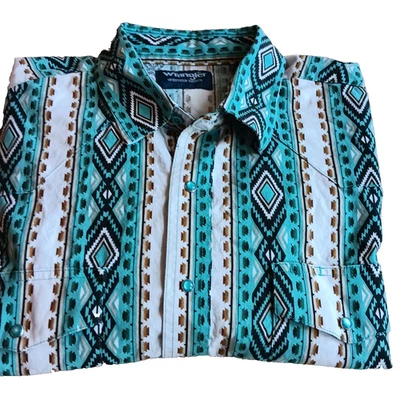 XXL Wrangler Long Sleeve Turquoise/White Western Aztec Turquoise Pearl Snaps - Image 1 of 4