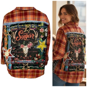 Upcycled Flannel Shirt Shacket Womens L Orange Grunge Patchwork Folk Art Skull - Picture 1 of 21