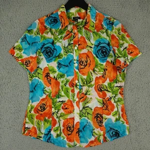 Talbots Shirt Womens Medium Green Orange Blue Floral Button Up Short Sleeve - Picture 1 of 8