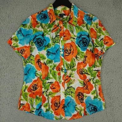 Talbots Shirt Womens Medium Green Orange Blue Floral Button Up Short Sleeve - Image 1 of 4