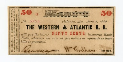 June 2, 1862 50c The Western & Atlantic Rail Road - GEORGIA Note w/ TRAIN AU/UNC - Image 1 of 2