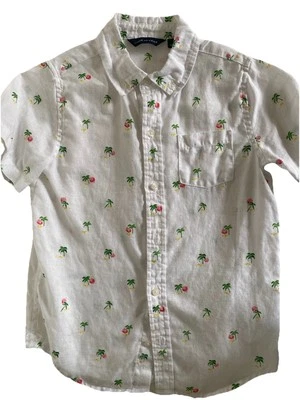 Janie And Jack Meninos Manga Curta Botão para Baixo Linho Estampa Palma Branco Verde Tamanho 7 - Imagem 1 de 4