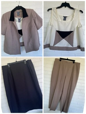 Conjunto de traje vintage de 4 piezas de vestido Koret para mujer negro/blanco/bronceado chaqueta pantalones falda 22W Foto 1 de 4