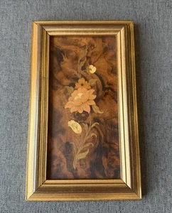 Inlaid Wood Marquetry Art Plaque Flower Stems Goldtone Frame Gallery Wall Decor - Picture 1 of 13