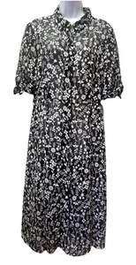 Calvin Klein Women 10 Black White Floral Short Sleeve Midi Dress Button READ - Picture 1 of 12