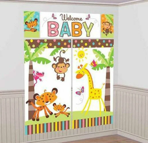 Fisher Price ANIMALS OF RAINFOREST Scene Setter WELCOME BABY shower wall decor - Image 1 of 1